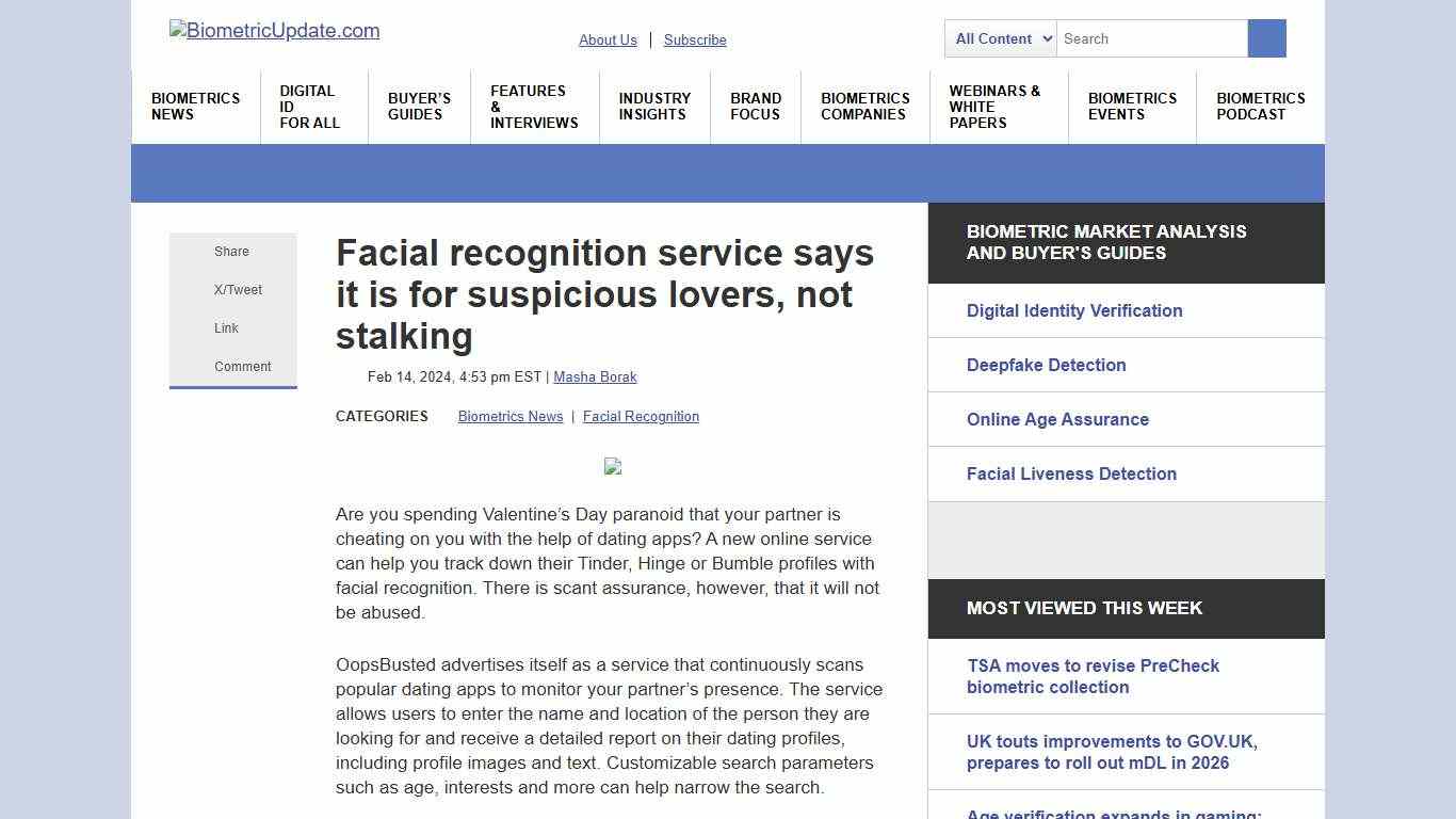Facial recognition service says it is for suspicious lovers, not stalking Biometric Update